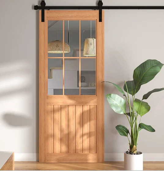 Simple vintage log toilet door with glass Japanese-style interior partition Safety hanging rail sliding barn door