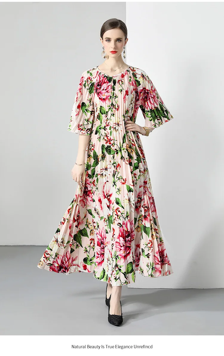 Women Fashion Elegant Dress Crew Neck Floral Print Ruffle Ruched Smart Casual Dresses Long