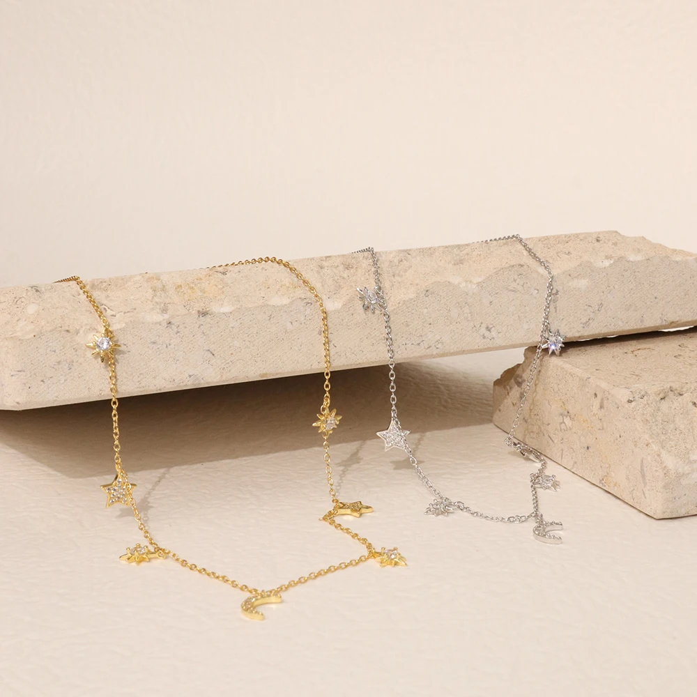 Chris April in stock 925 Sterling silver 18k gold plated Bright moon and star myth chain necklace