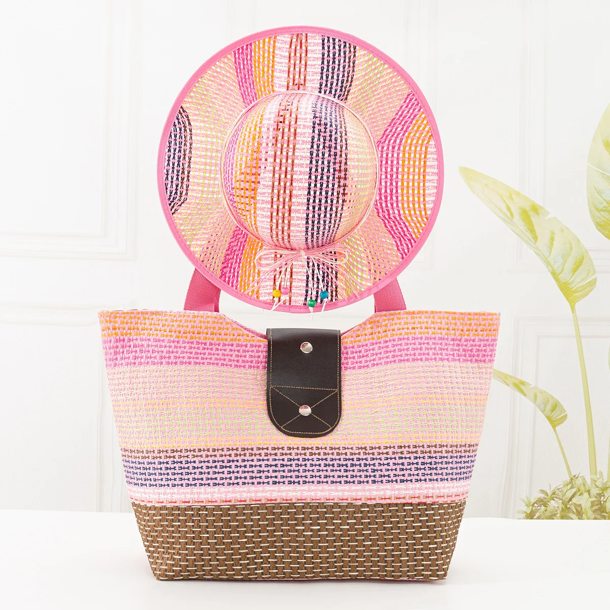 Wholesale One Shoulder Canvas Leather Buckle Bag Hat Set Women Vacation Beach Straw Bag And Hat Set