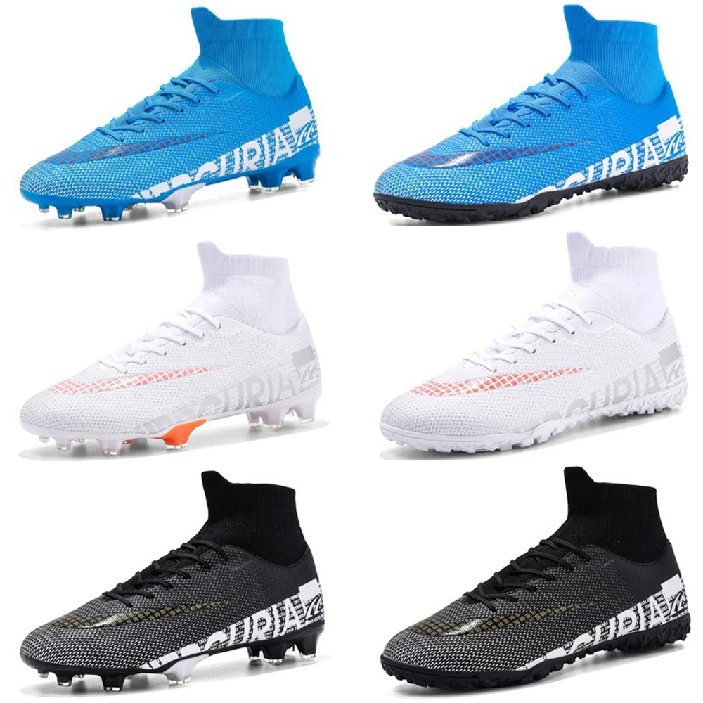 FREE SAMPLE Turf Soccer Shoes Men Children Football Boots Soccer Cleats Junior Rubber High Ankle Light Teen Training Shoes