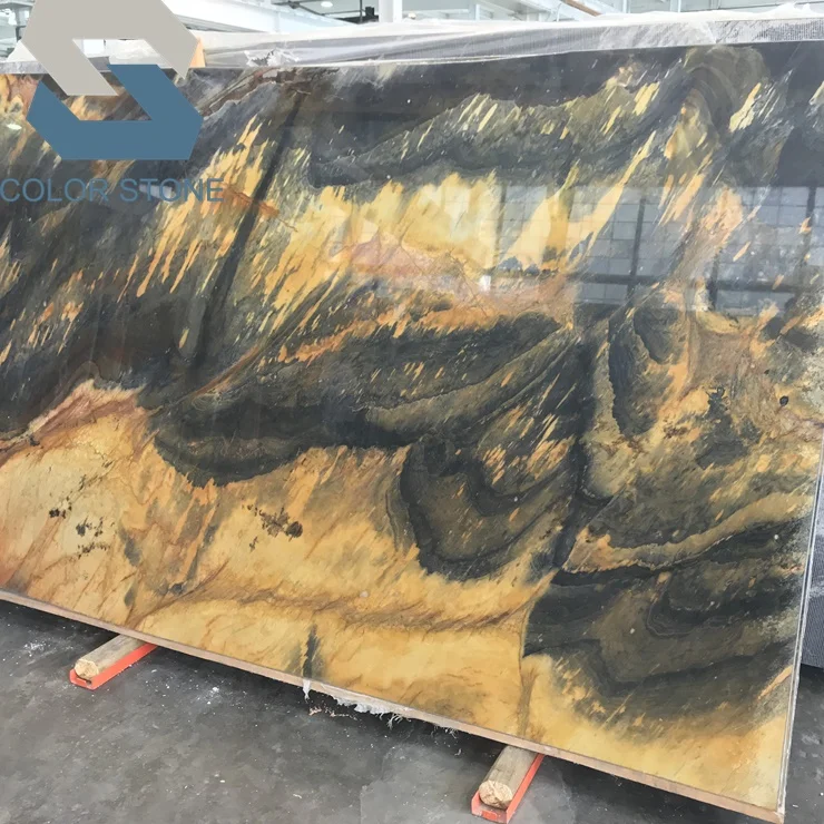 Bookmatched Stone Wall Bold Gold Yellow Waves Black Jacaranda Quartzite Slabs Kitchen Waterfall Island Tops