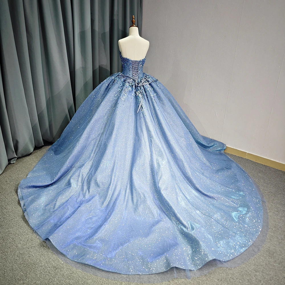 Бренд сделанный на заказ синие платья Quinceanera милое кружевное пышное платье принцессы с бисером вечернее 6750