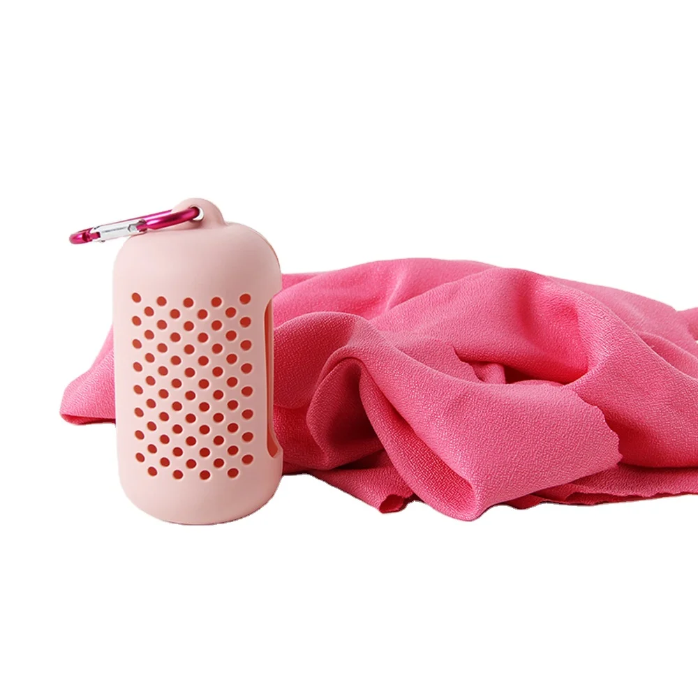 Quick dry travel sport gym magic instant ice microfiber cooling towel with silicone case mini cooling towel