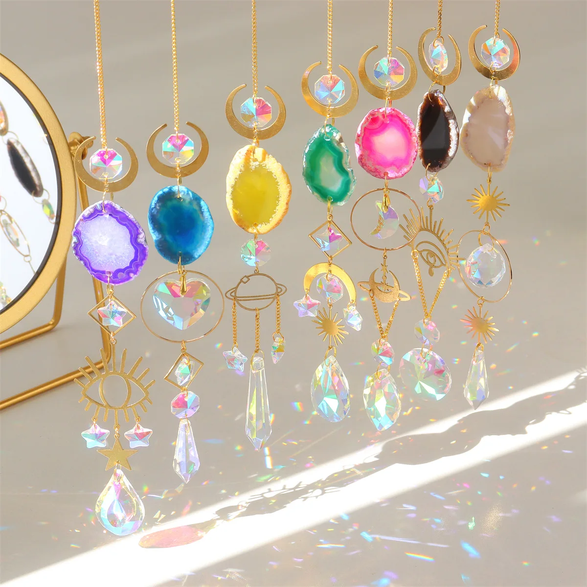 Suncatcher Hanging Crystal Ball with Agate Slices Wind Chimes Ornaments Decor for Window Home Garden