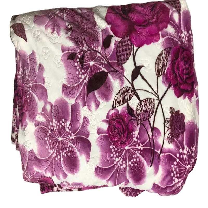 Super soft solid embossing flower print coral fleece flannel cozy bed blanket