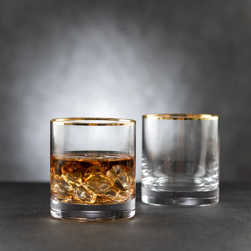 High Quality various style Luxury Custom Crystal Gold Rim Lead Free Handmade Round Whiskey Glass with gold sides