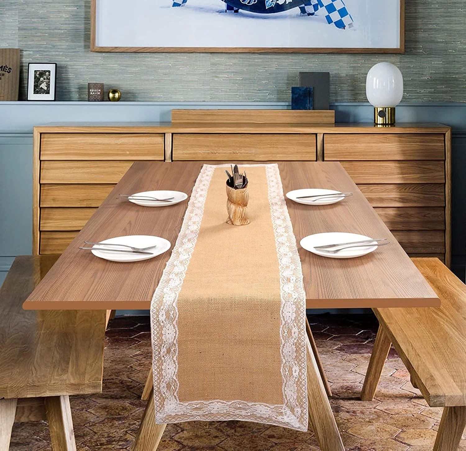 
Wholesale durable high quality natural jute table runner with lace trim 