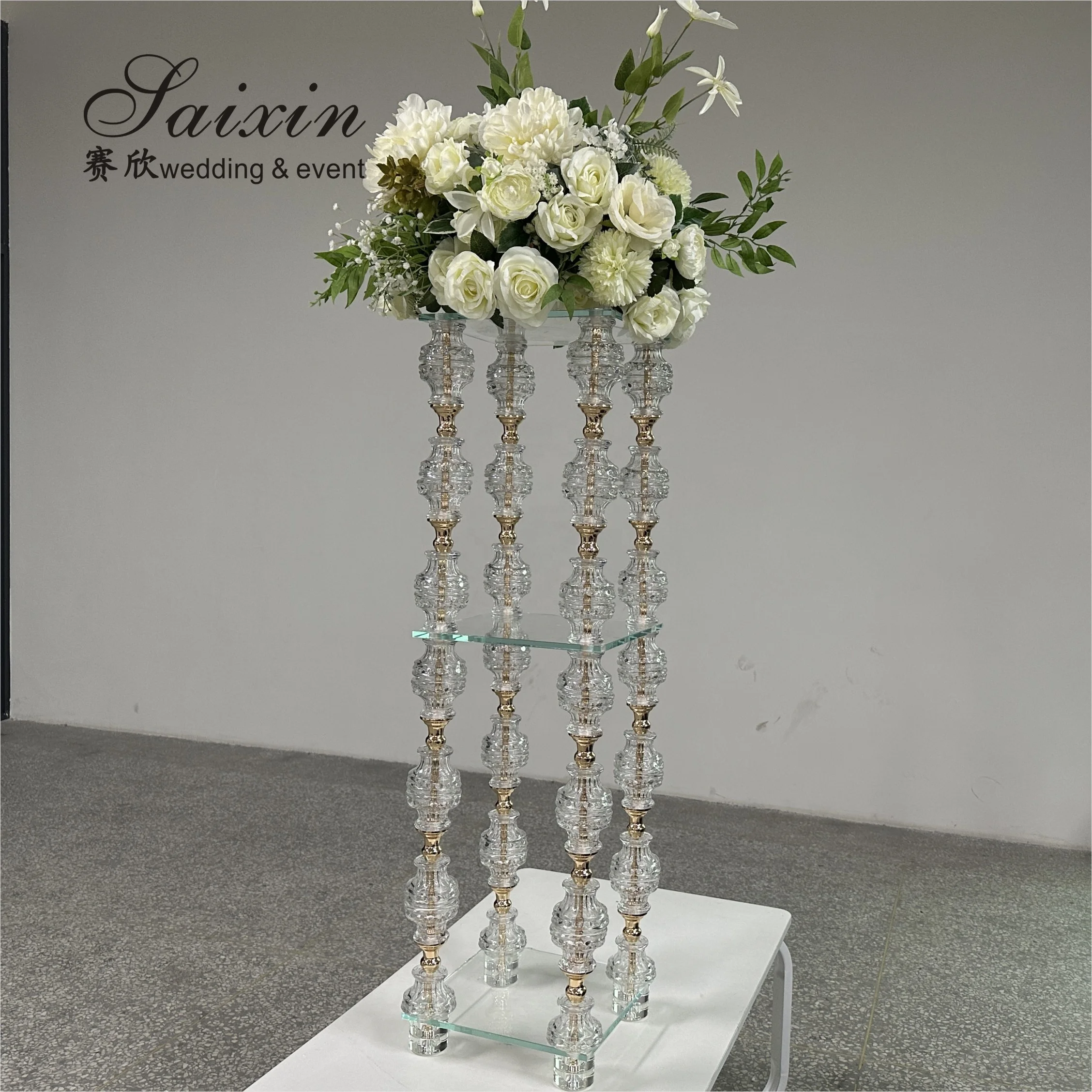 Chic New Wedding Decoration Centerpiece Gold Metal Crystal  Flower Stand