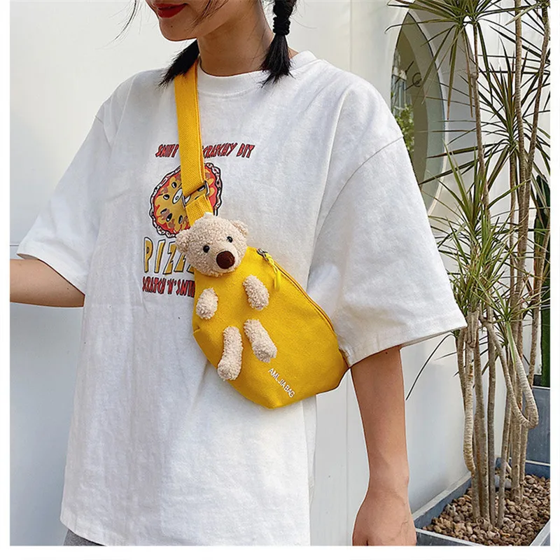 Low Moq Stock Fanny Pack Custom Logo Yellow Cartoon Bear Women Nylon Passport Cover National Buckle Strap Waist Fanny Pack