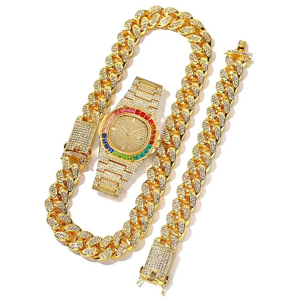 Iced Out Diamond Bracelet and Watch 3 Sets of Cuban Chain Sparkling Jewelry Watches Fashion Hip Hop Men Quartz Watch for Gift