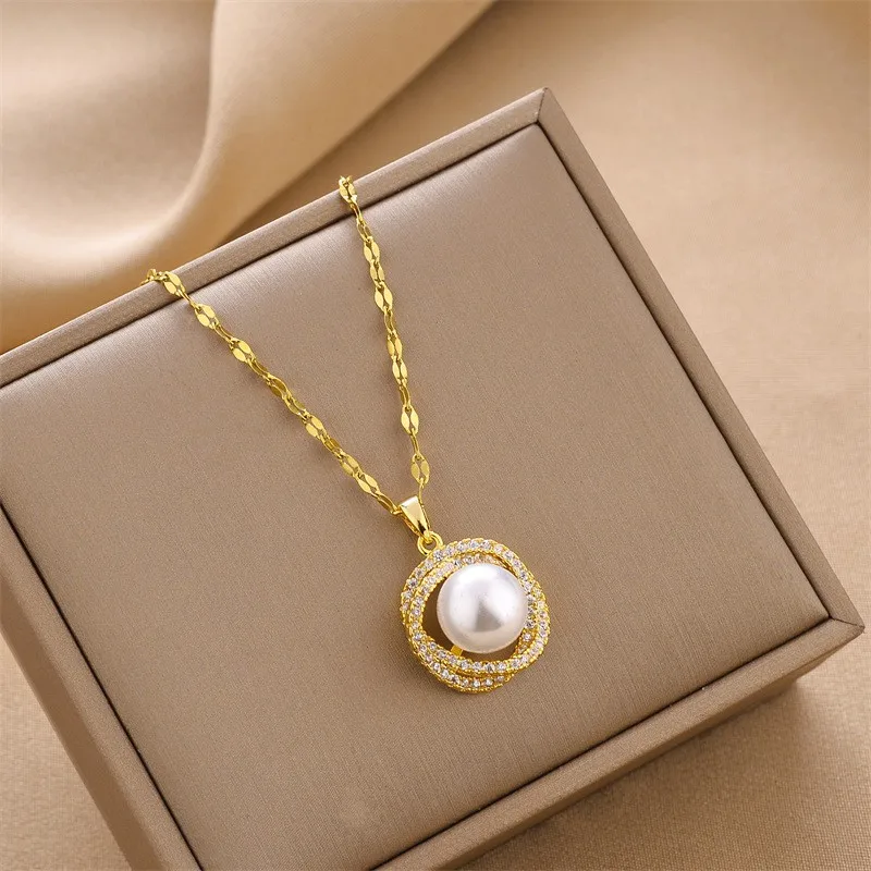 Gold Plated Stainless Steel Pearl Zircon Clover Bow Heart Layered Pendant Necklace Women Opal Letter Pendant Necklace