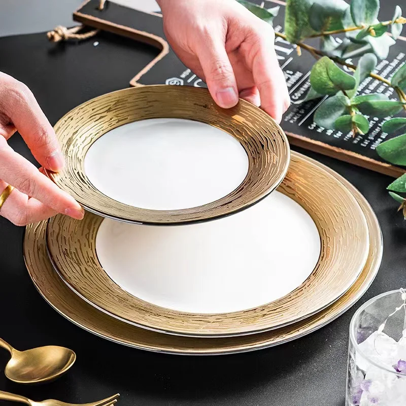 European Creative Stripes Luxury Gold Rim Pattern Ceramic Plates Exquisite Geometric Pattern Porcelain Round Plate