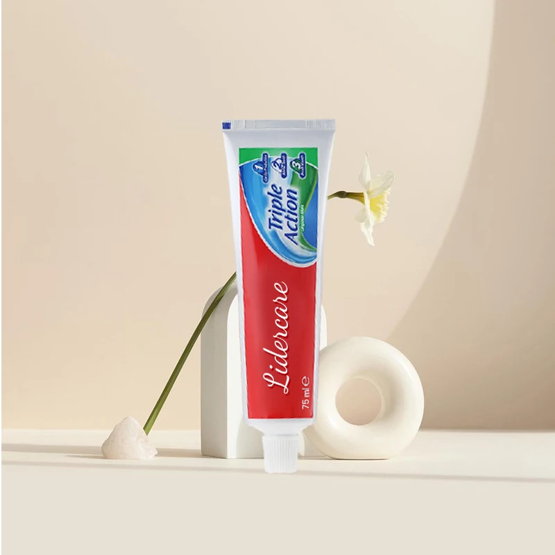 Custom private logo triple action toothpaste Whitening Removes Stains Fresh Breath Anti-sensitivity Three Color Toothpaste