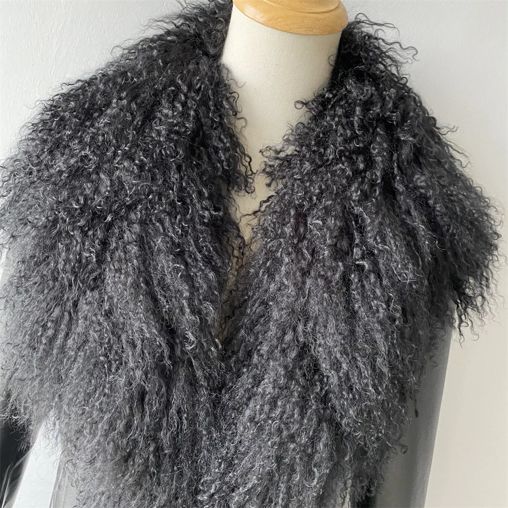 Wholesale Soft Fluffy Mongolian Lamb Fur Collar Outerwear Women Winter Fall Long Genuine Sheep Leather Coats with Fur for Ladies