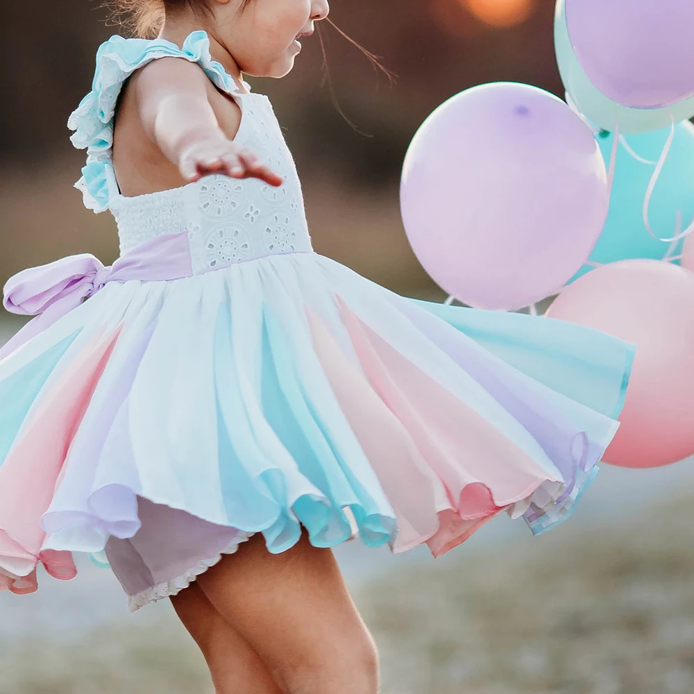 Spring Girls Dress Brand New Arrival Kids Pastel Rainbow Dress Cotton Ankle-length Princess Dress Kid Clothing Girl Casual