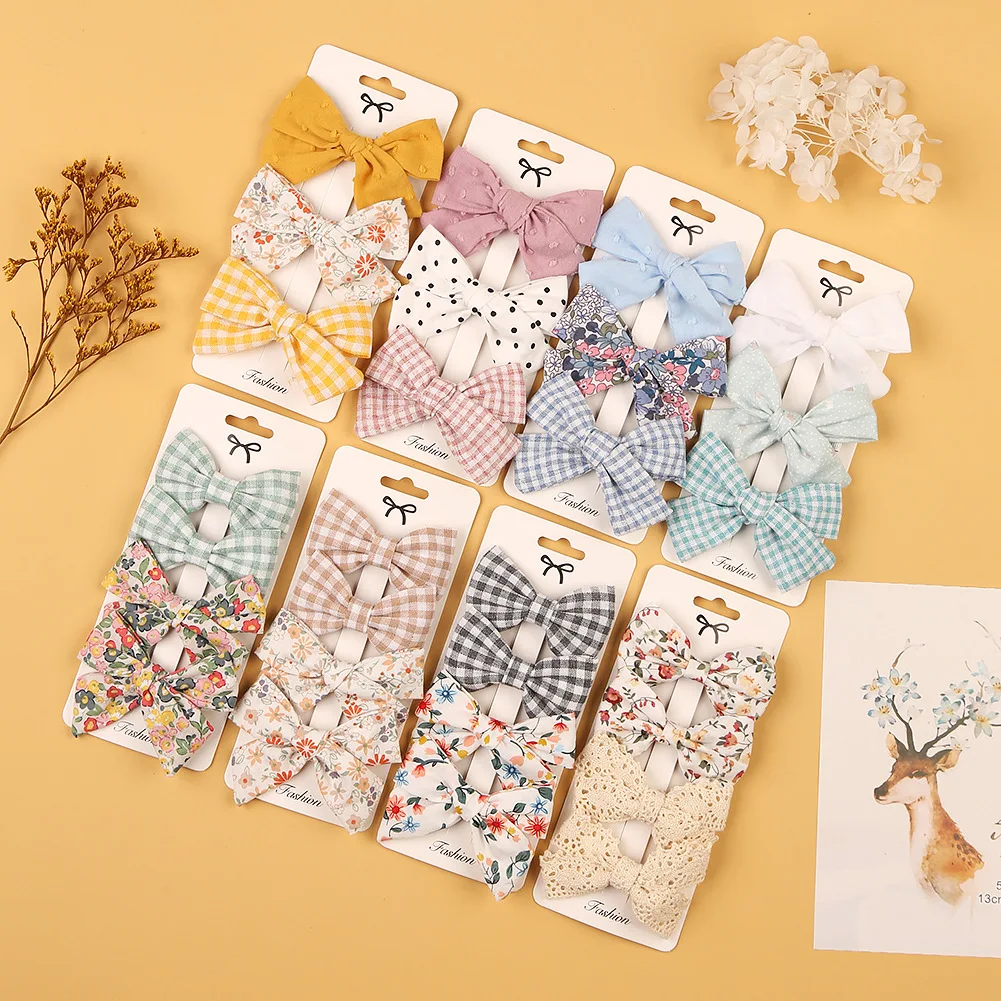 2021 June New Products Fabric Floral Printing Lace Hair Bow Clips Cute Checked Hairpin For Children Girls and Ladies
