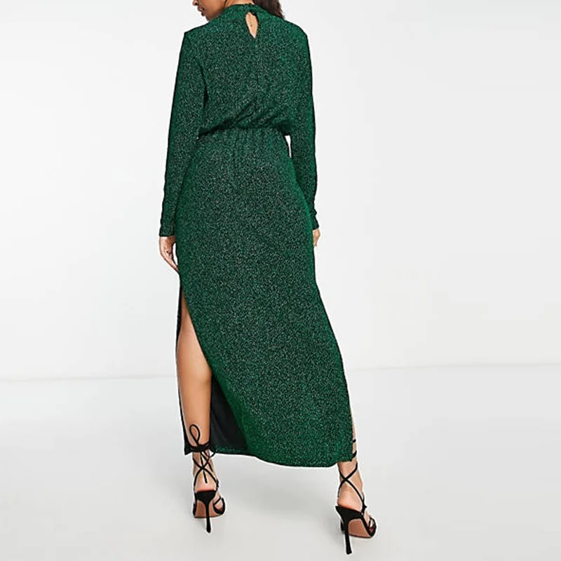 Fashion Office Lady Green High Neck Long Sleeve Ruched Front Midi Dress