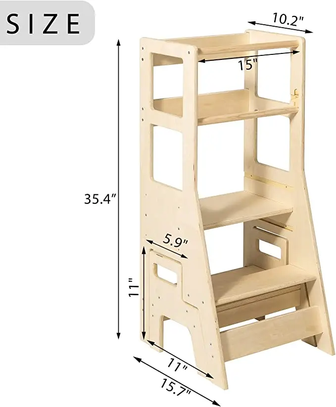 Kitchen Step Stool, Wooden Learning Tower with Chalkboard and Safety Rail, Height Adjustable Standing Tower(Natural) (Wood)