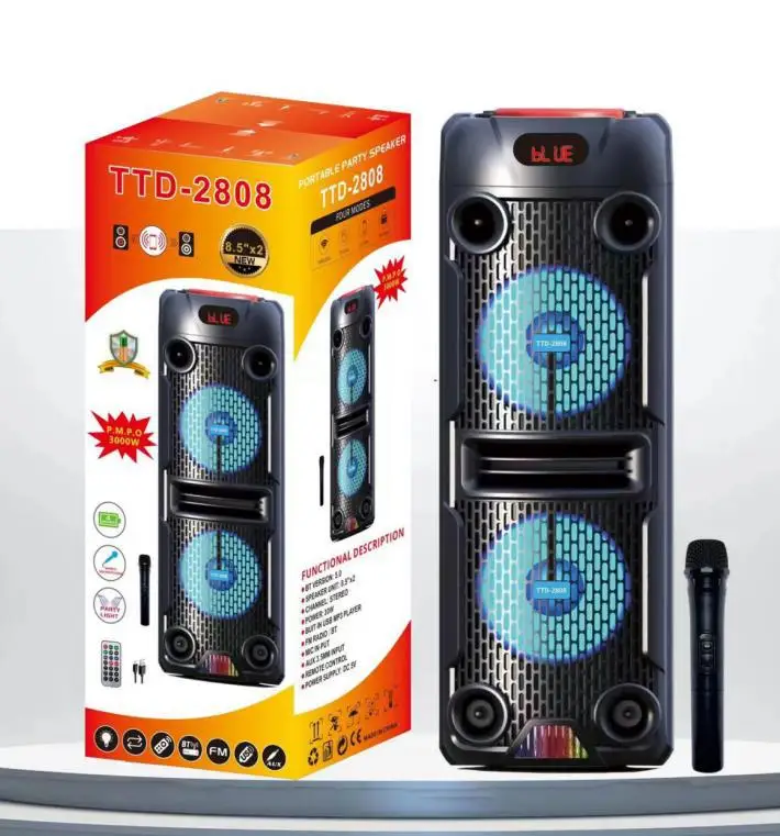 TTD-2808 20W Double 8 inch Remote Control Wireless Mic Home Theater Outdoor Portable Karaoke Party BT Smart Stereo Speaker