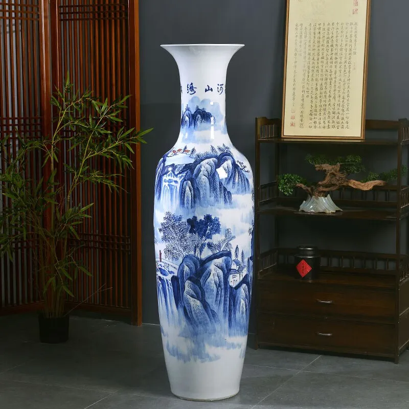 Ваза для пола китайская Старинная большая ваза большие горы и реки бело-голубая фарфоровая отеля домашний декор