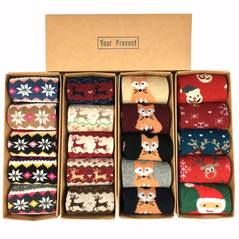 Winter ladies extra thick warm rabbit wool christmas deer tree cat socks lovely medium stocking gift box