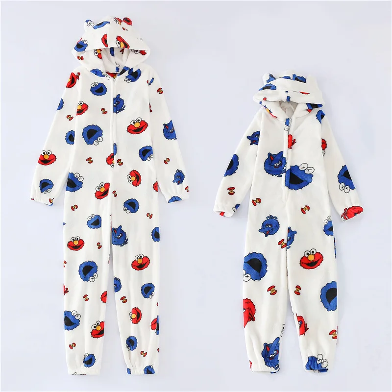 
Warm Velvet Hoodies Onesie Pajamas mommy and me Adult Cute monster print Casual Winter Long Sleeve Jumpsuit Woman 