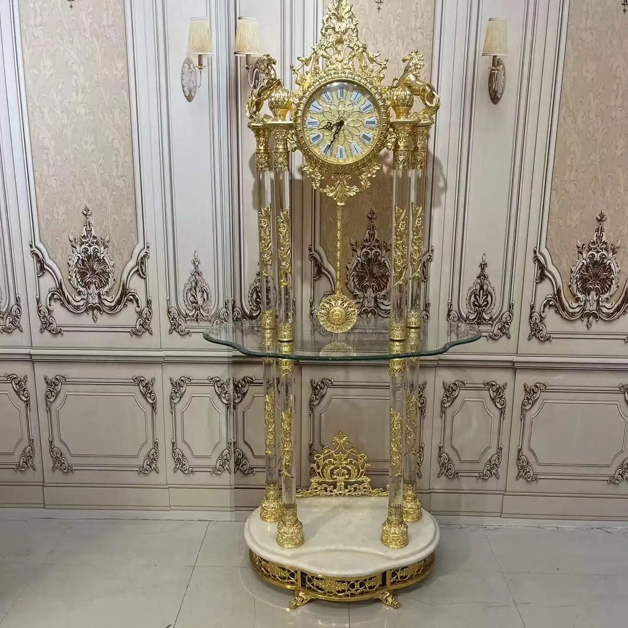 Crystal Floor Clock Luxury Standing Clock Classic White Marble Grandfather Clock