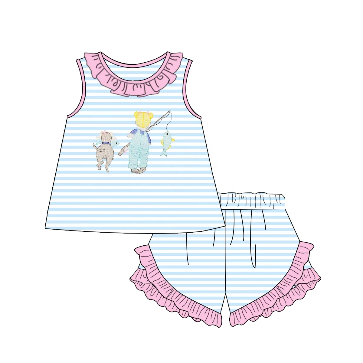 Puresun newest fishing embroidery baby girl clothes knit striped fashion sleeveless wholesale baby clothing summer sets