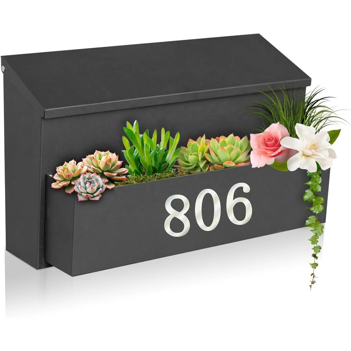 Wall Mount Mailbox Outside with 3 Sets of 0-9 Number Stickers Flower Planter Galvanized Steel Rust-Proof Metal Post Drop Box