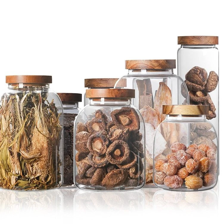 
Wholesale Customized 3L Borosilicate Glass bottle for Kitchen food coffee tea sealed Hammer grain acacia wood glass storage jar 