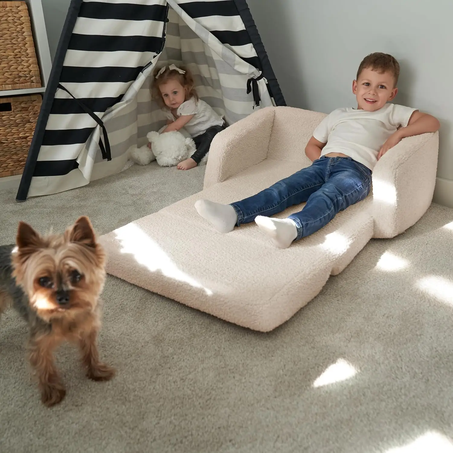 2-in-1 Sturdy Toddler Kid Sofa Couch and Baby Chair Easily Unfolds Into a Super Soft Lounger for Fun Play Time or Comfy Lounging