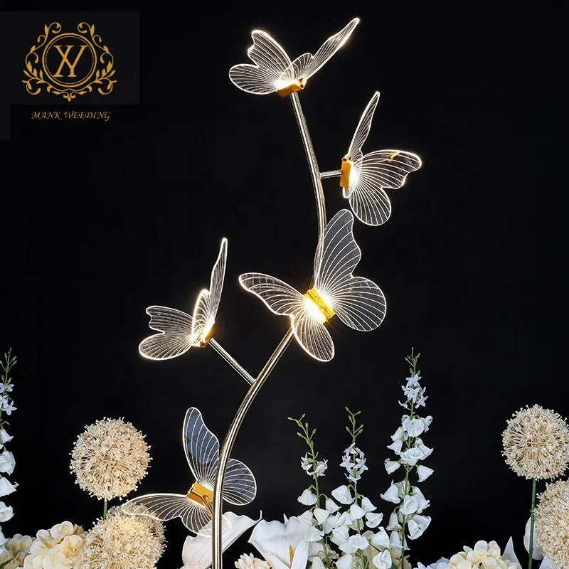 5 Head Acrylic Butterfly Light Golden Metal Wedding Road Guide Pathway Lights for Party Celebration Stage Aisle Decor