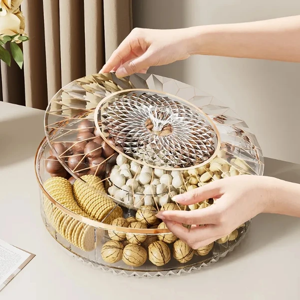 Round rotating snack tray with lid clear plastic storage box dividers dry fruit serving tray