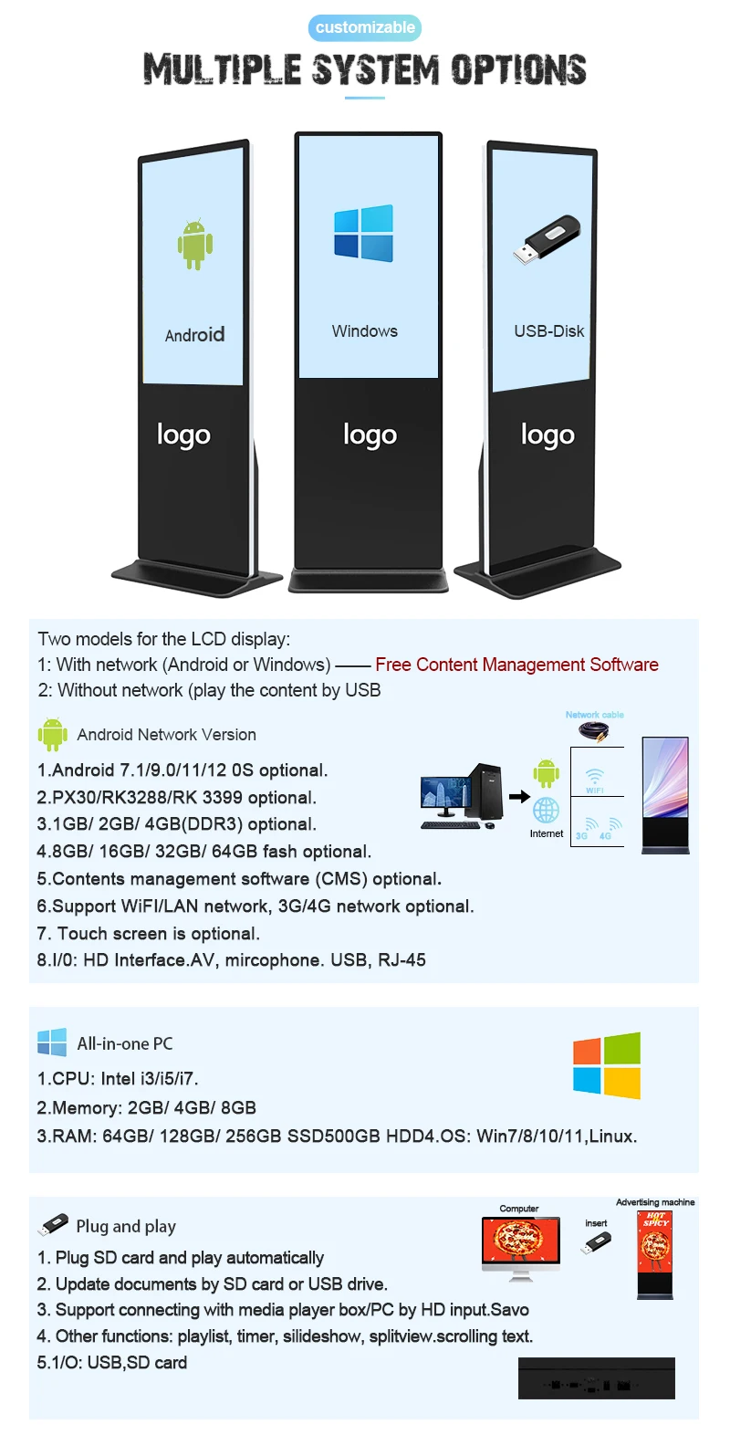 Qunmao Новое поступление напольный дисплей 4k окна рекламный экран Wi-Fi Cms цифровой вывеска