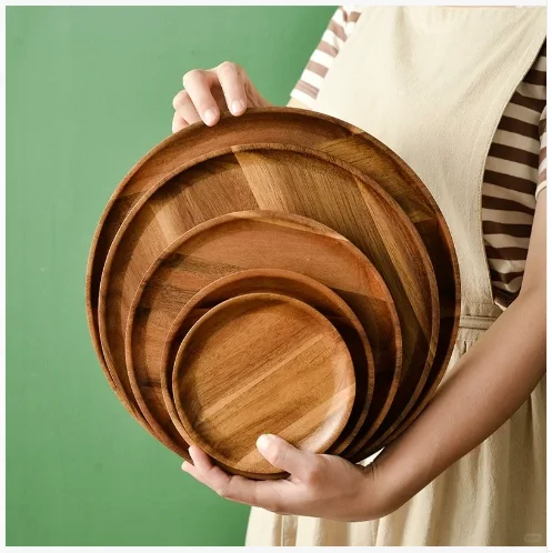 Japanese Style Acacia Wood Tray Simple Solid Wood round Tea and Dinner Plate for Household Party Dishes with Elegance Style