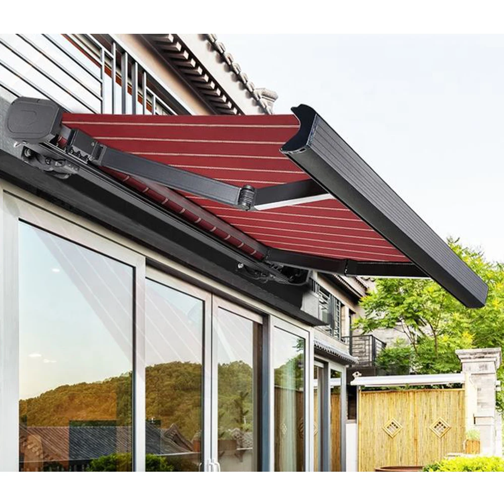 Custom Outdoor Patio Electric Control Awning Retractable Bend Arm Full Box Aluminum Retractable Waterproof Awning