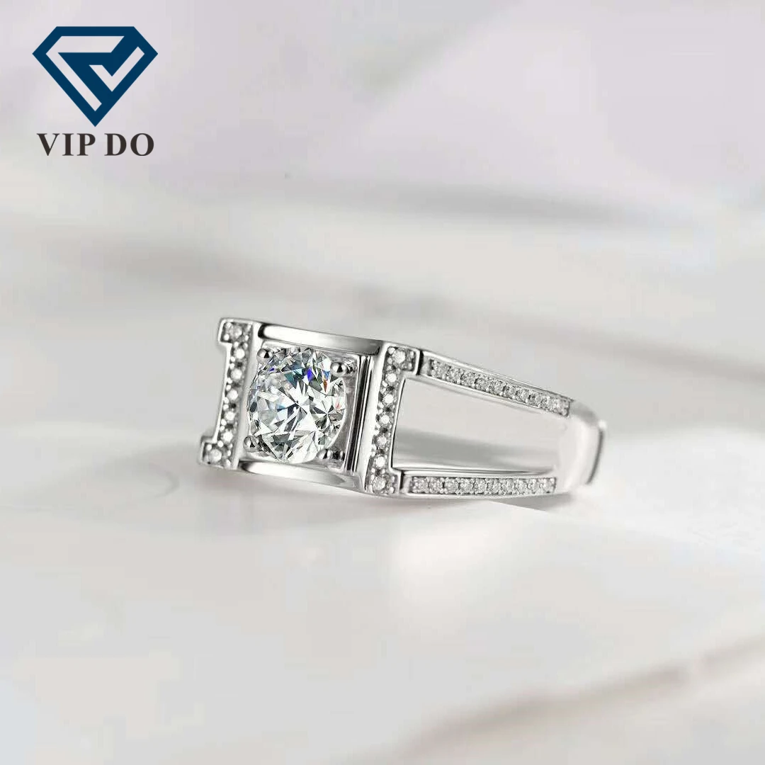 Factory wholesale S925 sterling silver setting round brilliant cut Moissanite diamond men ring size adjustable 4claw style