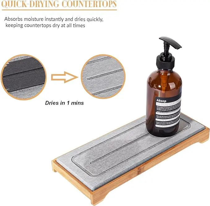 CF SDM39 Bamboo Rack with Diatomaceous Earth Stone Drying Mat Bathroom Countertop Organizer Soap Dish Tray Tool Use