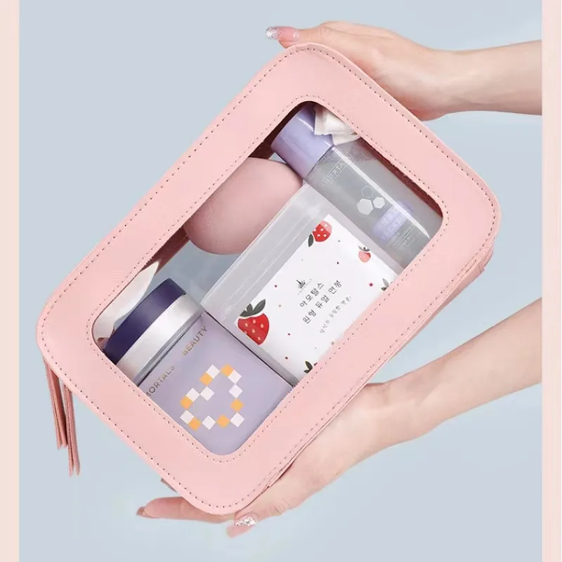 Toiletry Beauty Cosmetic Pouch Makeup Bag Large Capacity Waterproof Pu Leather PVC Transparent Clear Zipper Travel Toilette