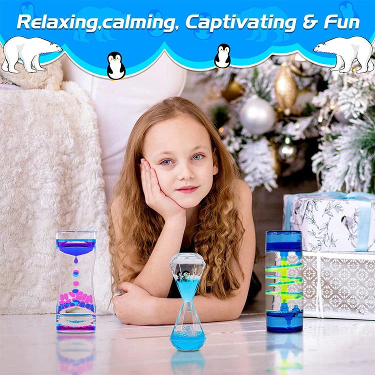 3-Pack Hourglass Liquid Bubbler Timer Desl Sensory Play Fidget Toy Stress Liquid Motion Bubbler for Kids and Adults