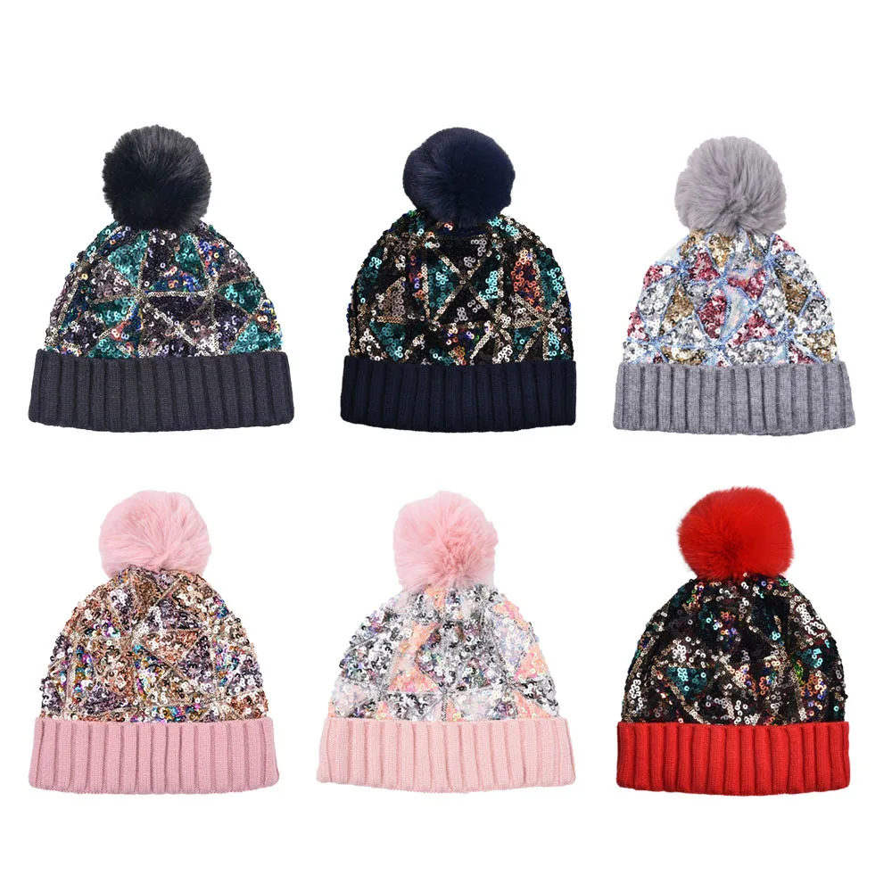 Wholesale new sequined woolen hat autumn winter sequined warm removable wool ball knitted hat for women pompom
