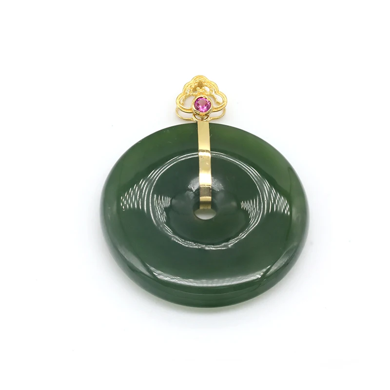 Real 18K Gold Natural Round Buckle Chinese Safty Knot Jade Pendant For Necklaces