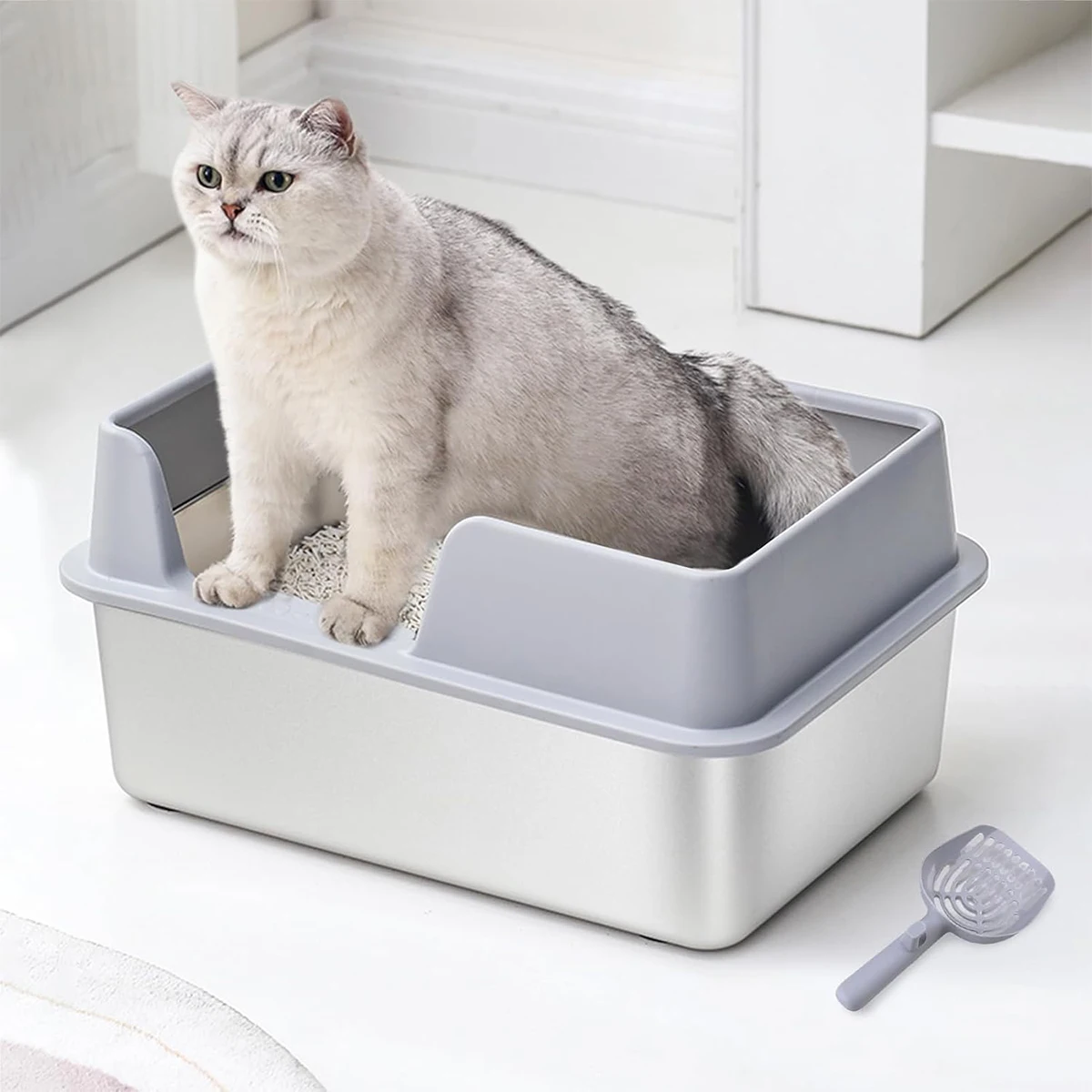 Stainless Steel Litter Box Cat Litter Box Enclosure With Lid Easy Cleaning Kitty Litter Box Anti-leakage Including Scoop