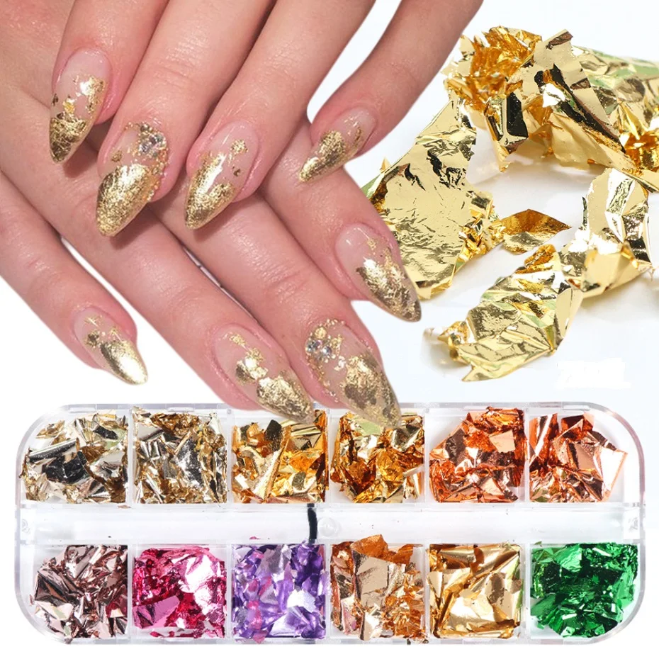 12pcs/box aluminum Irregular mattelic colorful iridescent nail foil flakes