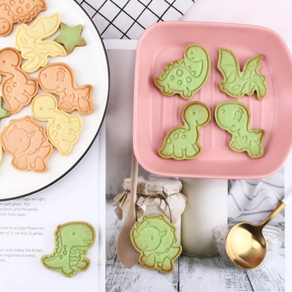  Kitchen Baking Pastry Bakeware 3D Cartoon Pressable Biscuit Mold 6Pcs/set Dinosaur Shape Plastic Cookie