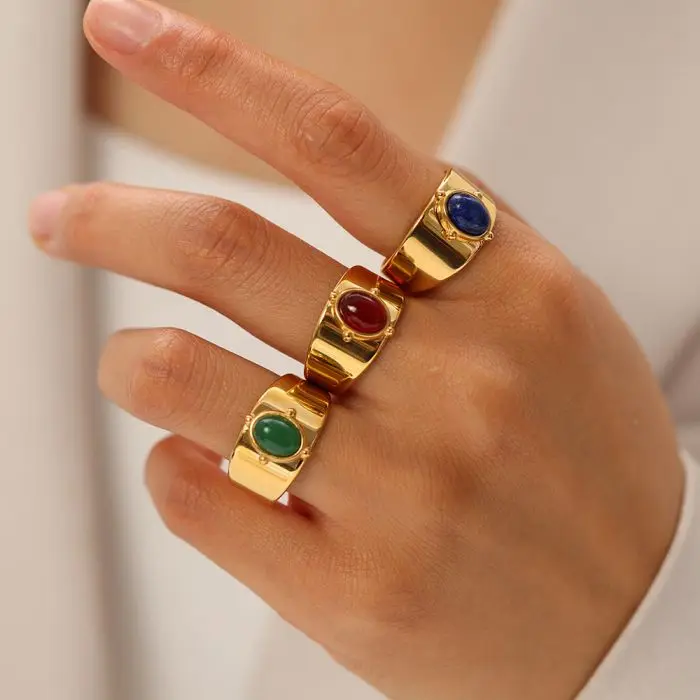 New stainless steel Gold Plated open adjustable Oval shaped natural stone Ring for Women men Jewelry