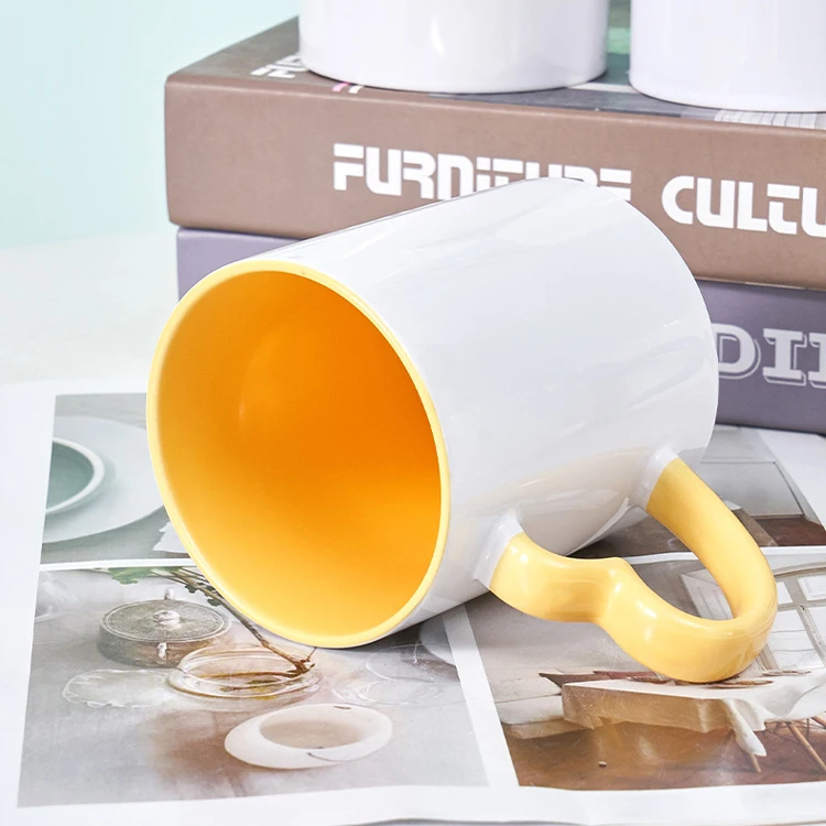 Wholesale Colourful Heart Shaped Handle White Blank Mug Sublimation 11OZ Inner Color Ceramic Mugs