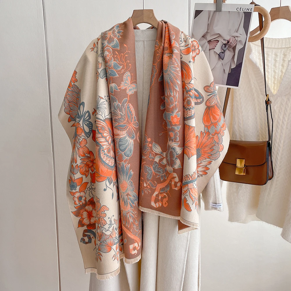 High quality Winter printed flower designer pashmina Acrylic thick knitted scarf cashmere scarfs for women stylish
