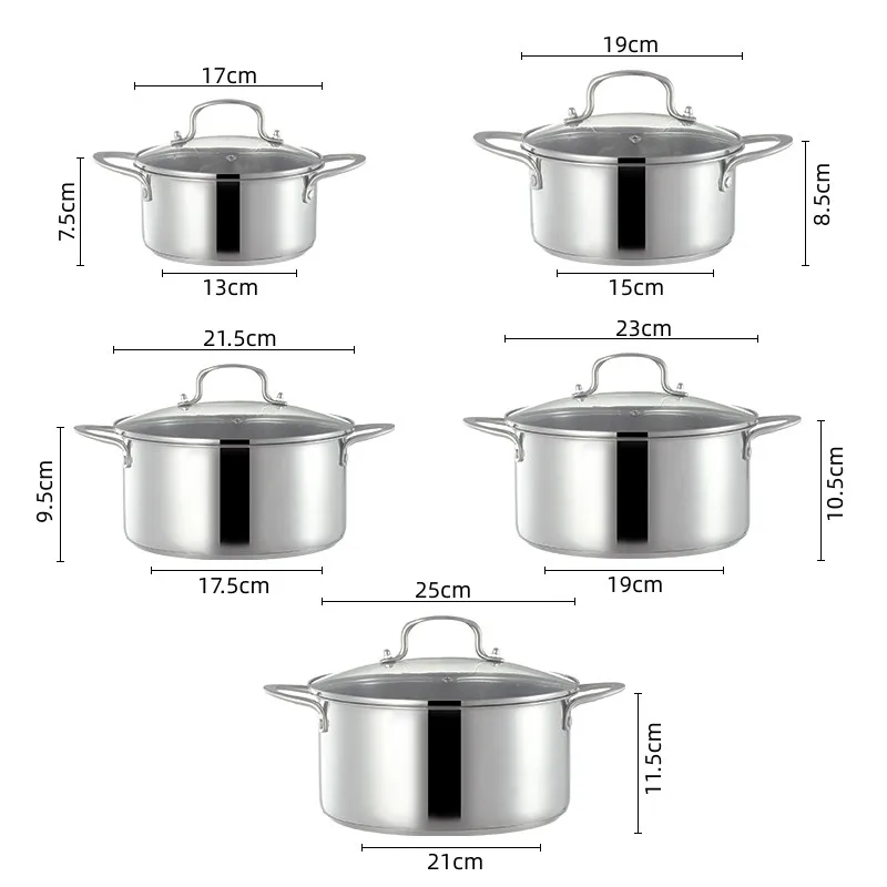 10PCS Casseroles Stockpots Cooking Pot Set Stainless Steel with Lids Kitchen Cookware Sets Chinese New Year Single Bottom 0.45mm